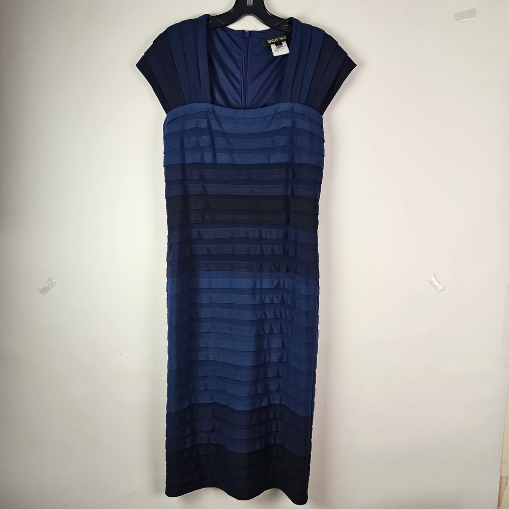 Tadashi Shoji Navy Blue Ombre Shutter Pleat Sheath Dress OM85952MO M Cocktail